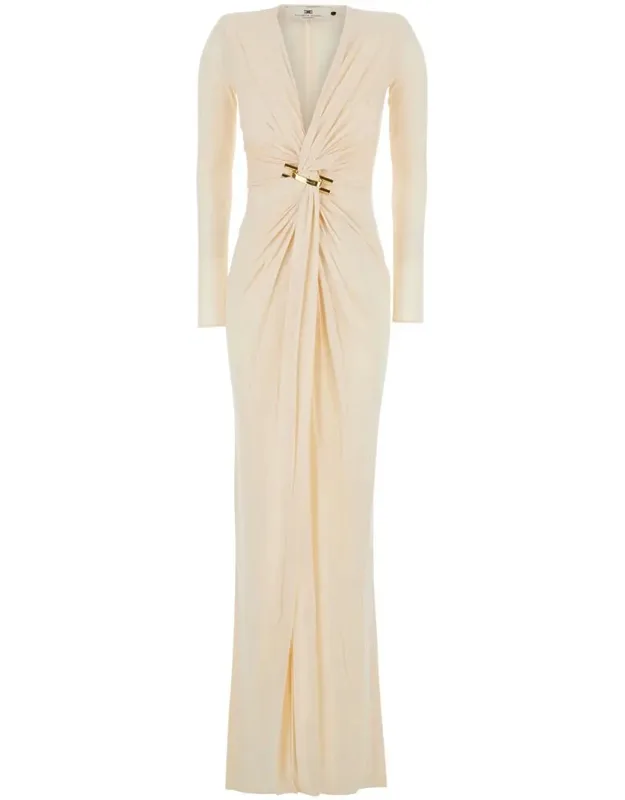 Long Dress With Metal Knot Detail And V Neck In Cupro Blend
