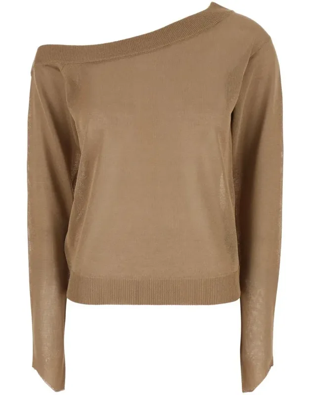 One-shoulder Sweater With Ribbed Trims In Wool Blend