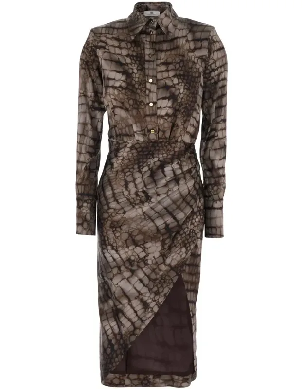 Long Dress With Classic Collar And All-over Print In Viscose Stretch