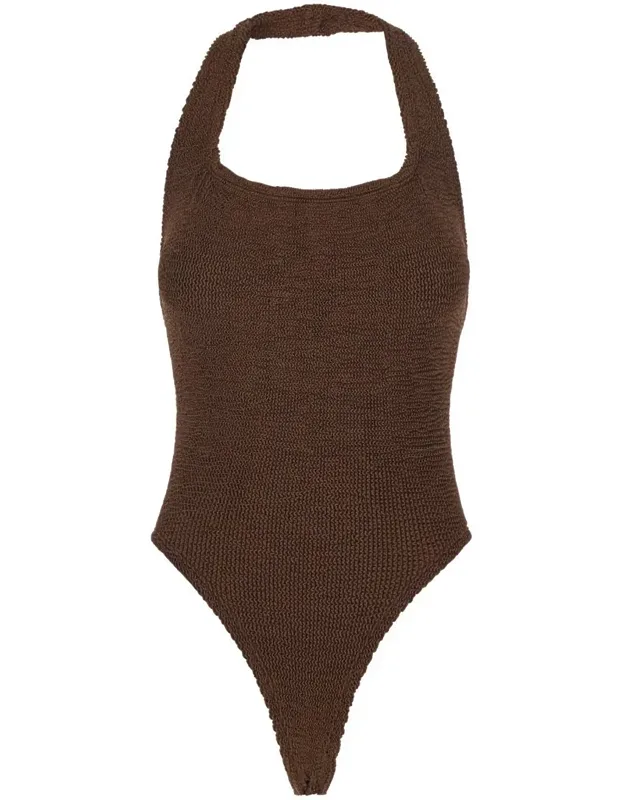 Sandy Brown One-piece Swimsuit With Halterneck And Open Rear In Tech Fabric