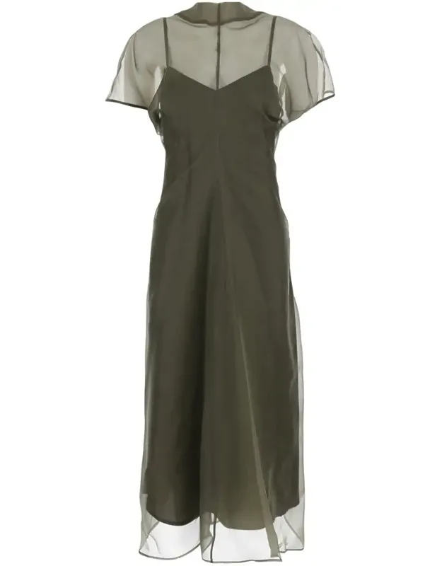 Silk Sheer Crewneck Dress With Rear Zip Closure