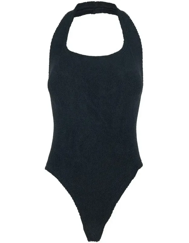 Sandy Black One-piece Swimsuit With Halterneck And Open Rear In Tech Fabric