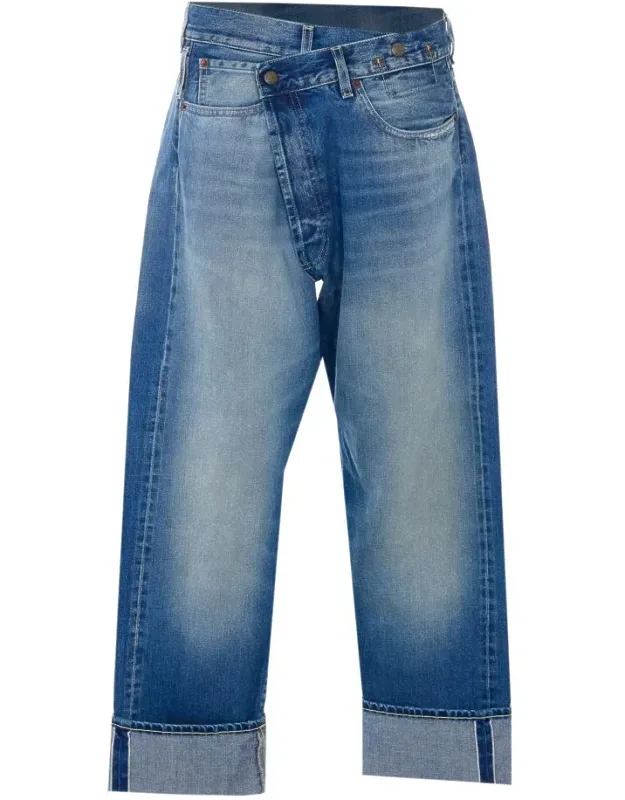 Abyss Selve Cuffed Cossover Jeans, Asymmetrical Button Closure, Loose Fit