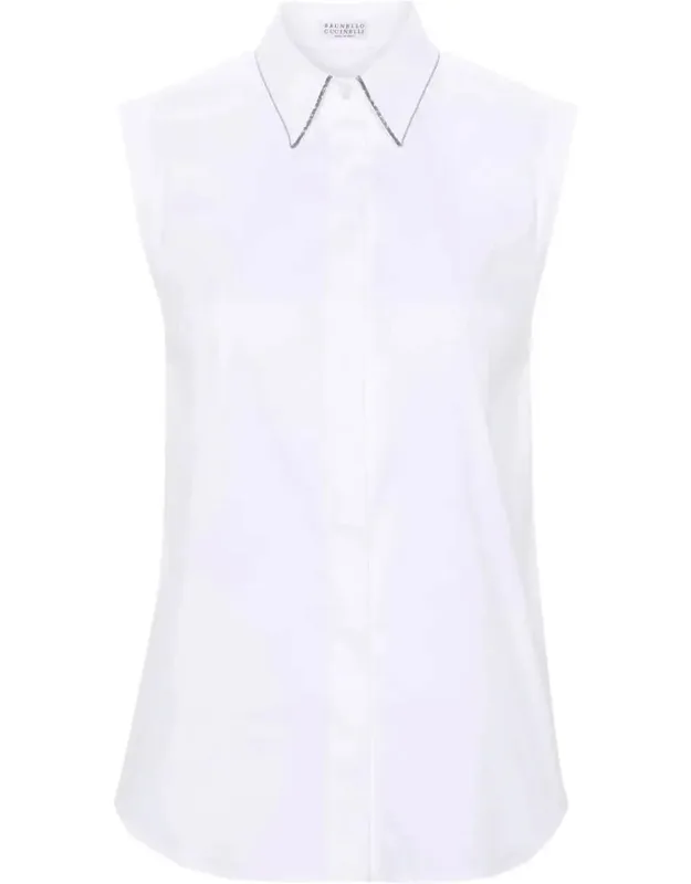 Stretch Cotton Poplin Sleeveless Shirt With Shiny Trim