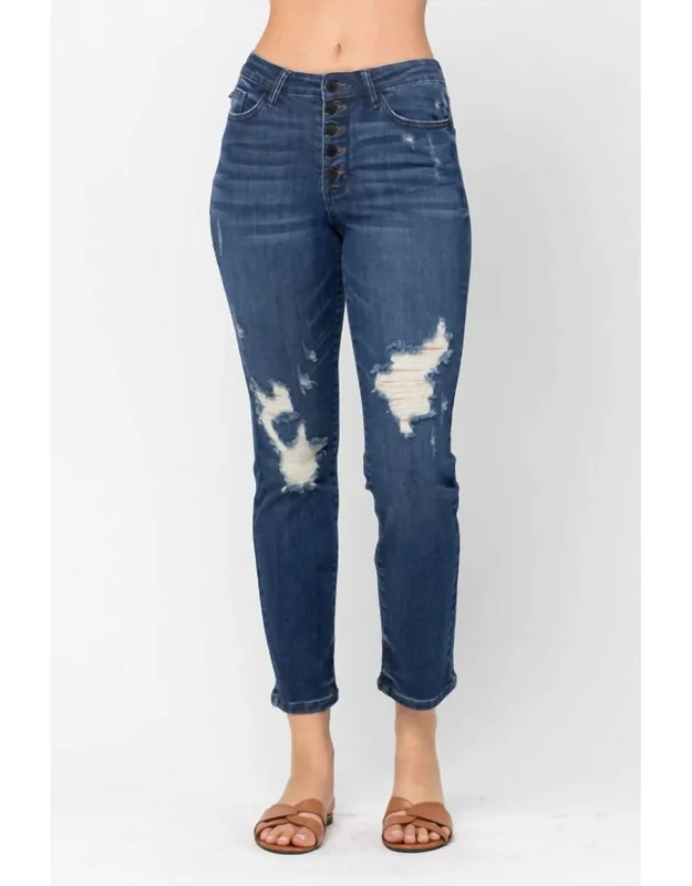 High Waist Zigzag And Button Fly Destroyed Boyfriend Jeans