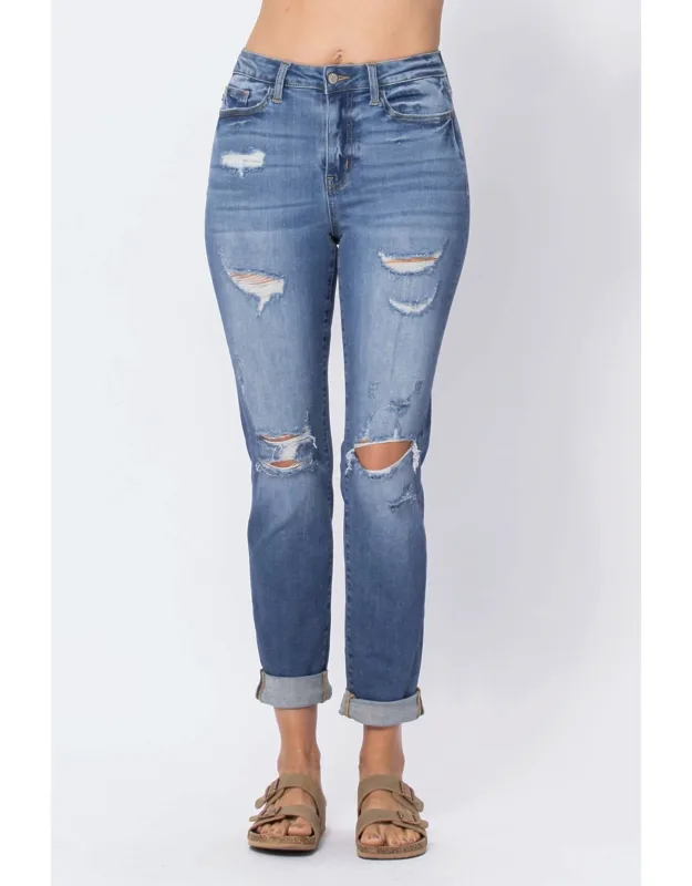 High Waist Cuffed Destroyed Boyfriend Jeans