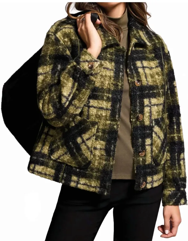 Textured Plaid Lined Button-front Jacket