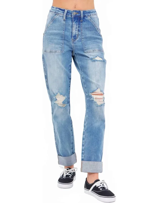 High Waisted Distressed Boyfriend Jeans With Patch Pocket