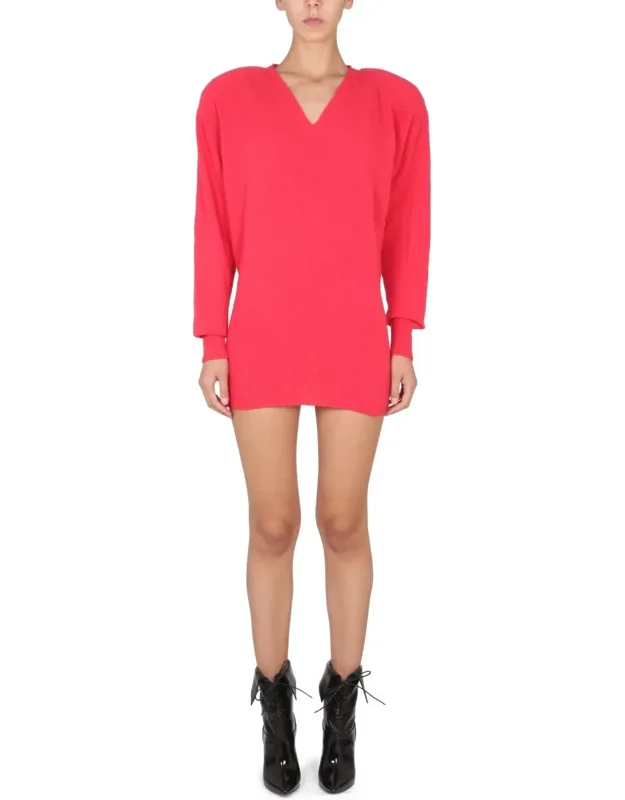 Mini Dress - V-neck - Padded Shoulder St 70% Virgin Wool 30% Cashmere