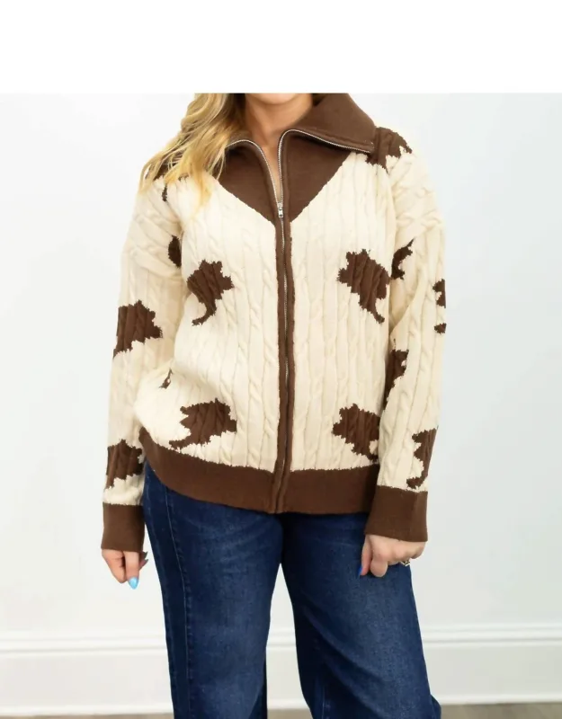 Zip Cow Print Sweater