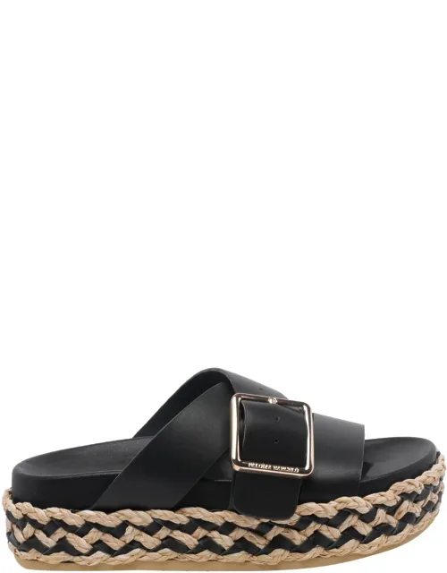 Black Vienna Calidis Sandals, Leather Upper, Open Round Toe, Buckle Closure, Platform