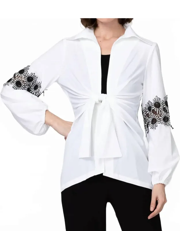 Tie Front Embroidered Blouse With Cami