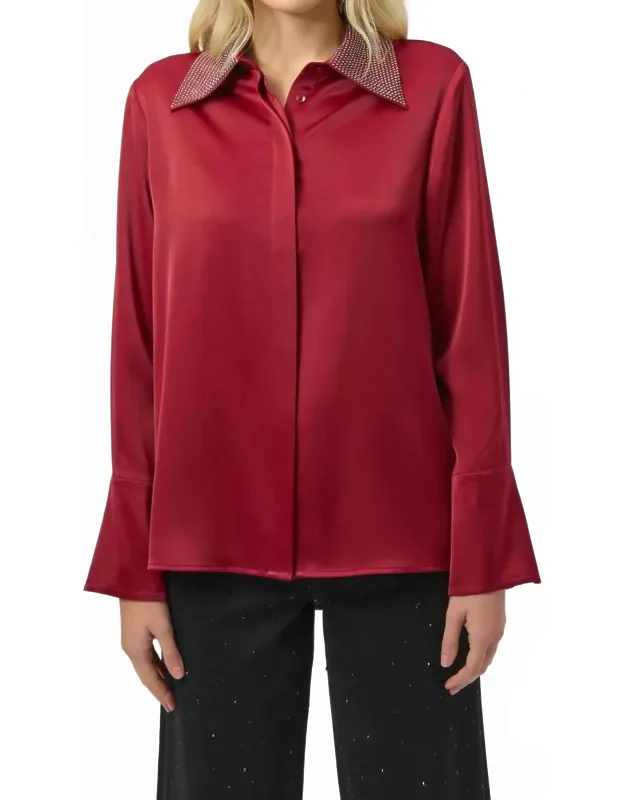 Satin Button-front Blouse With Embellished Collar