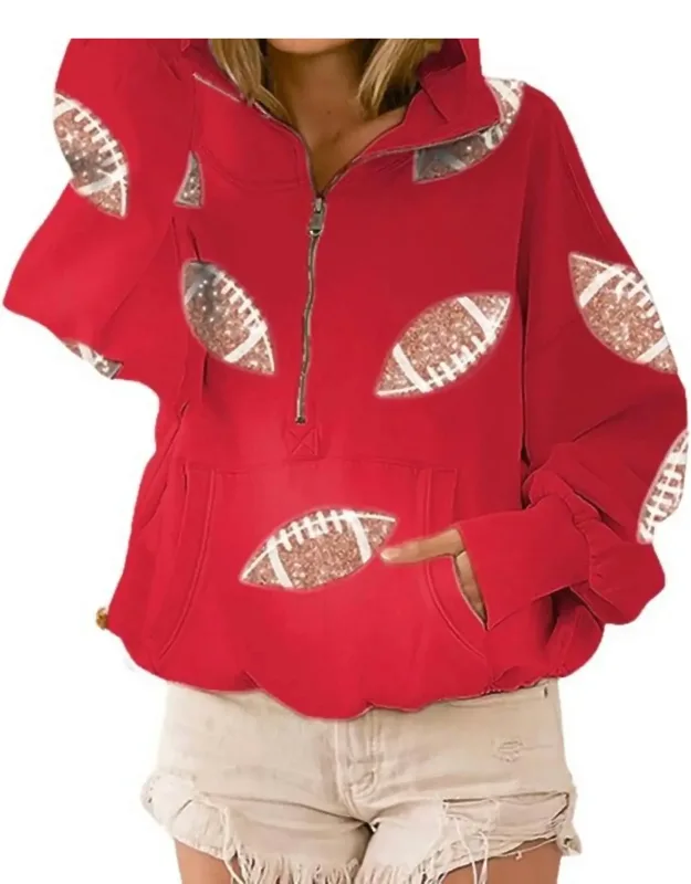 Football Sequin Patches Half Zip Hoodie