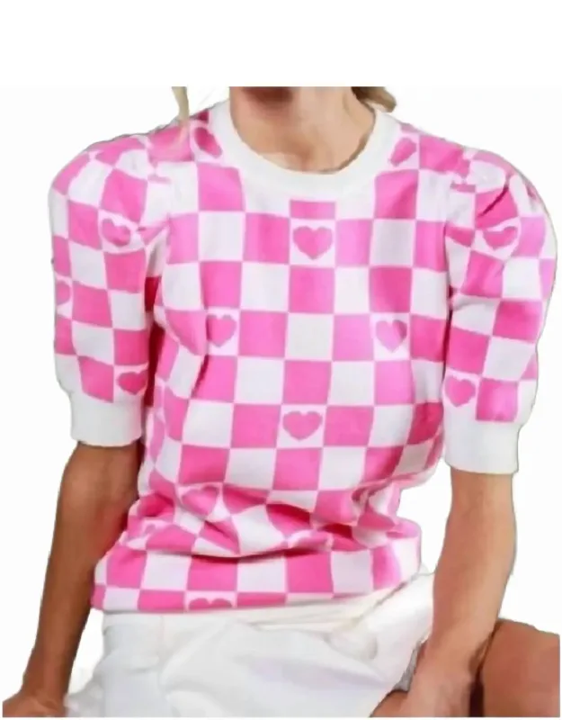 Checkerboard Heart Puff Sleeve Sweater