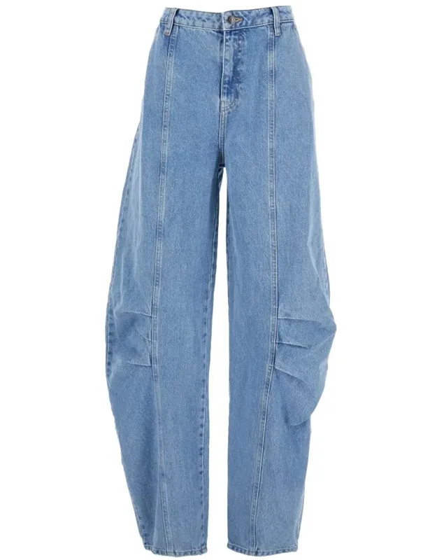 Light Blue Jeans With Central Stitching And Logo Patch On The Back In Denim