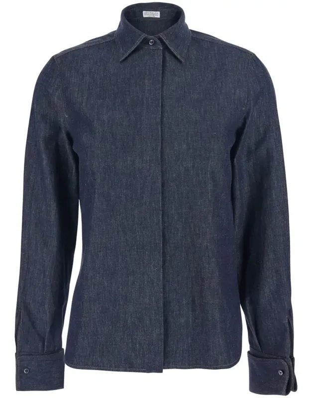 Shirt With Point Collar And Hidden Closure In Denim