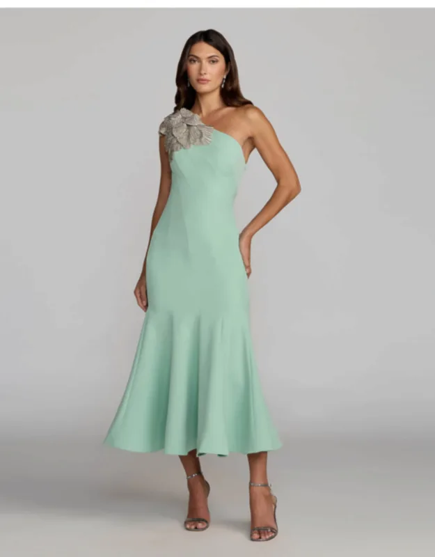 Crepe One Shoulder Midi Dress With Flower