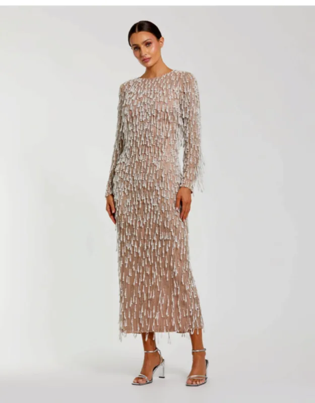 Long Sleeve Midi Dress With Embellished Fringe