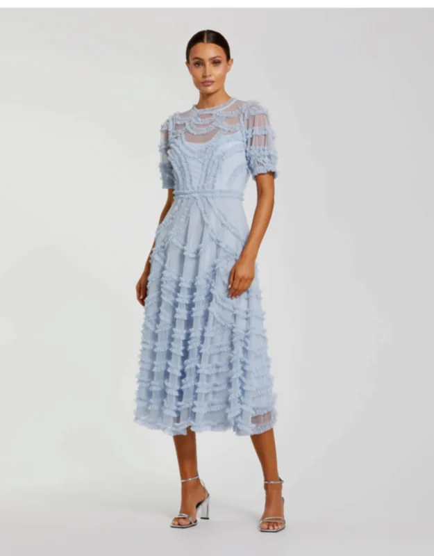 High Neck Short Sleeve Ruffled Midi Dress