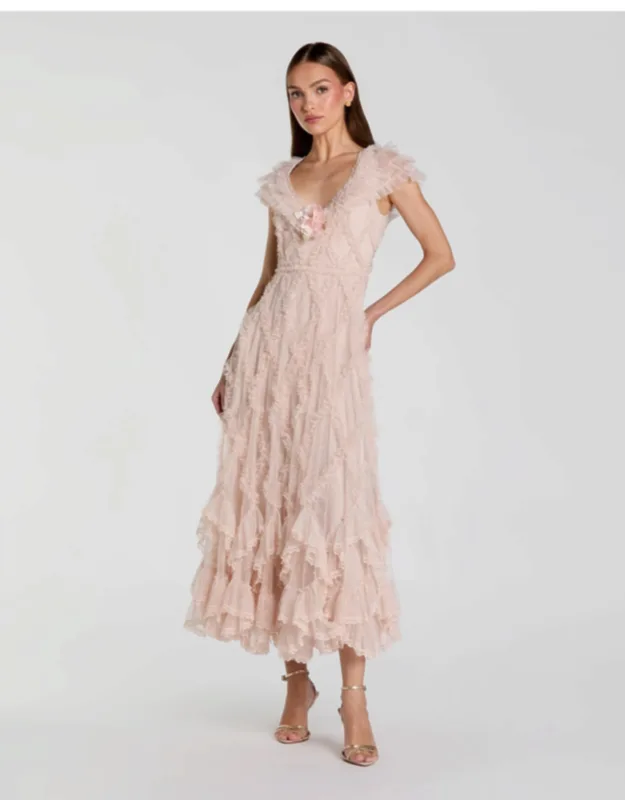 Micro Ruffle Cap Sleeve A-line Midi Dress