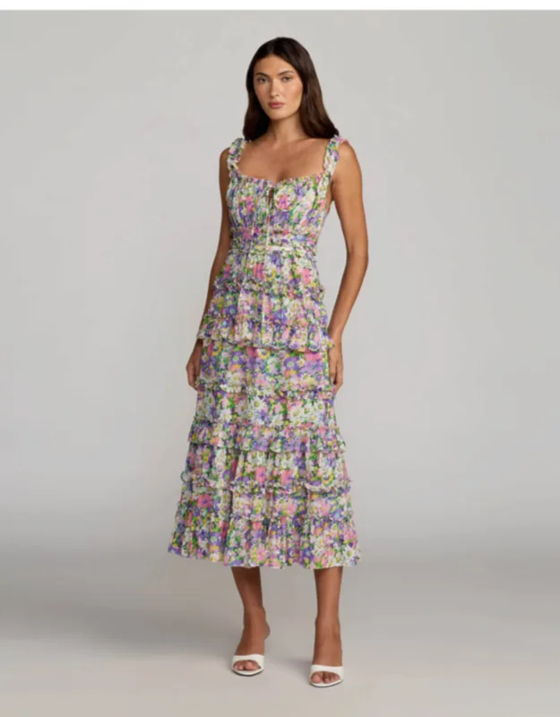 Multicolor Floral Ruffle A-line Cotton Midi Dress