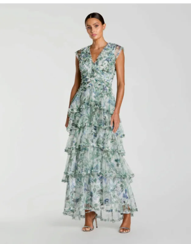 Floral V Neck Tiered Ruffle Maxi Dress