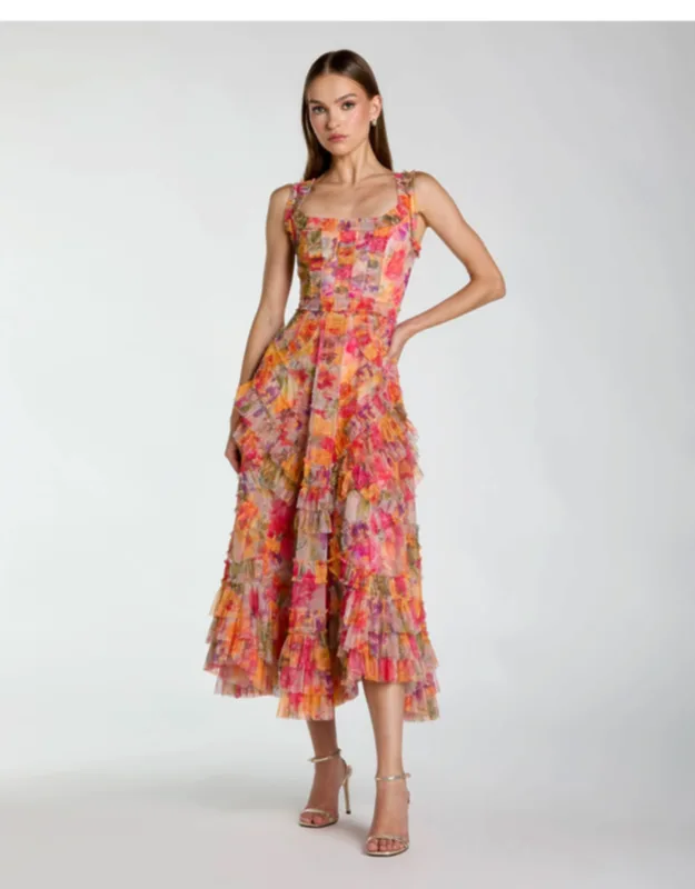 Floral Scoop Neck A-line Ruffle Midi Dress