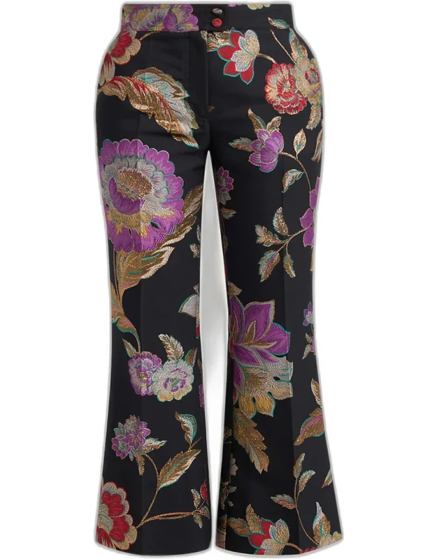 Metallic Floral Jacquard Flare Ankle Pants