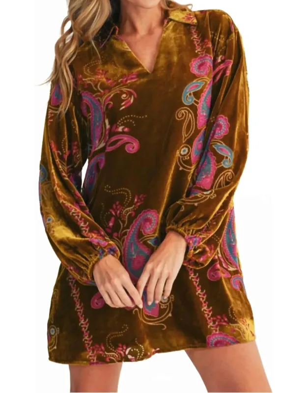 Puff Sleeve Paisley Print Velvet Mini Dress