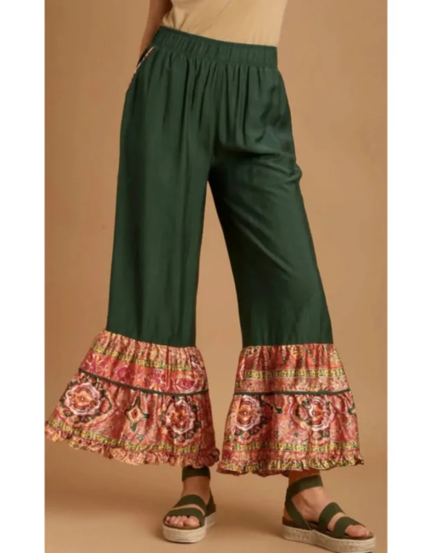 Border Print Ruffle Hem Wide Leg Pants