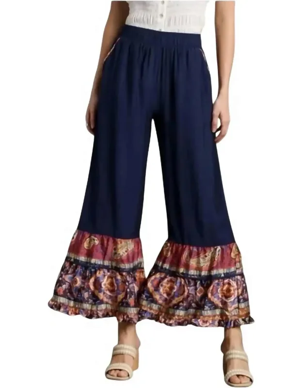 Border Print Ruffle Hem Wide Leg Pants