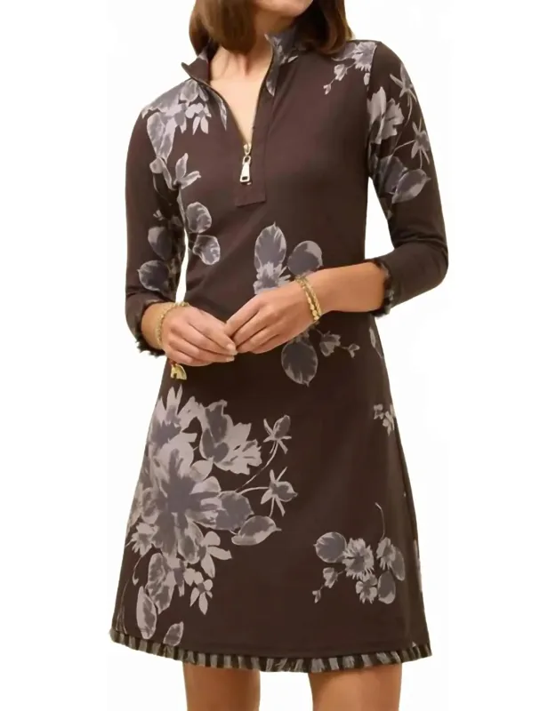 Floral Half Zip 3/4 Sleeve Fringe Dress