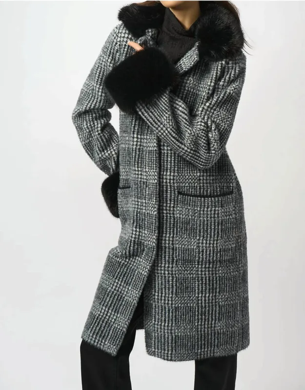 Plaid Print Faux Fur Coat