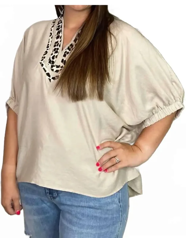 Leopard Trim V Neck Blouse