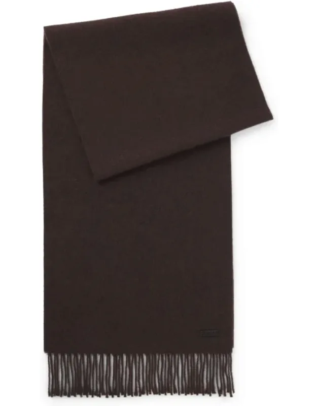 Wool Scarf With Logo Patch, Soft Wool Twill, Fringed Ends