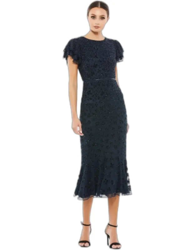 Hand Beaded Flounce Sleeve Midi Dress