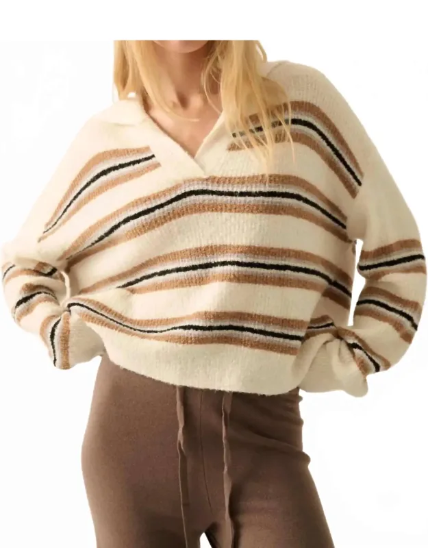 Striped Split-neck Collared Sweater
