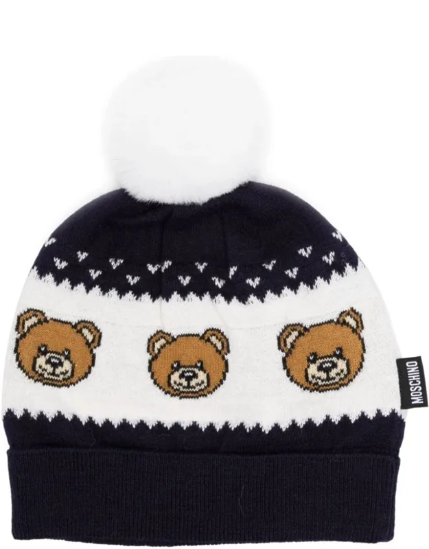 Beanie With Bears And Pom Poms