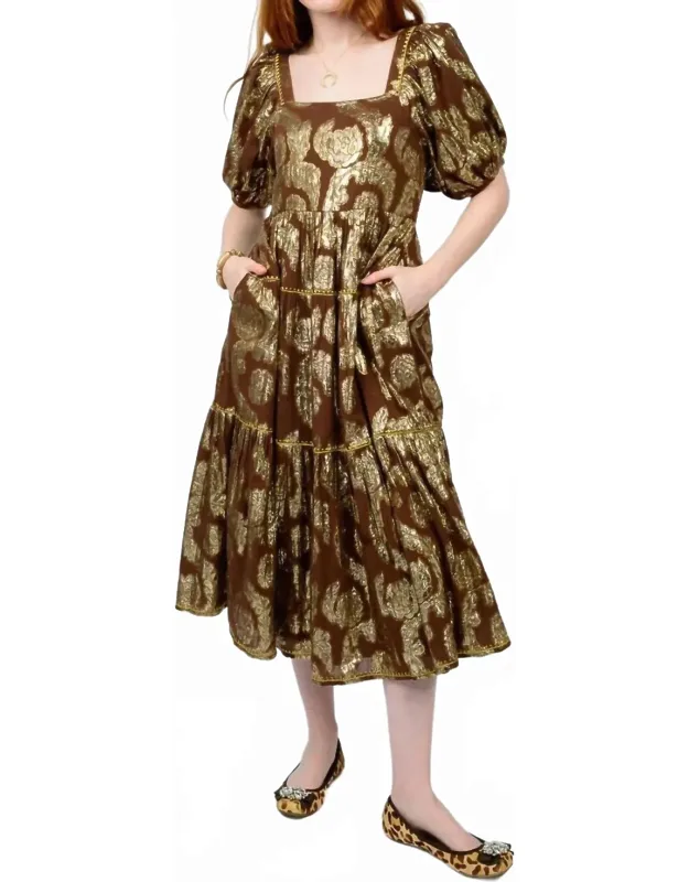 Metallic Roses Midi Dress