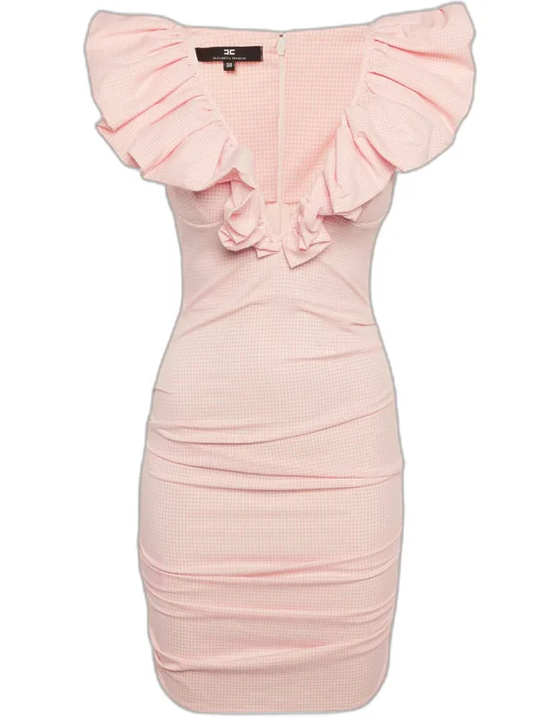 Checkered Crepe Ruched Mini Dress