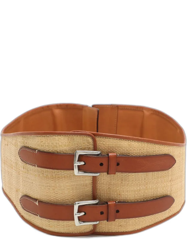 Medium Waist Belt In Leather And Straw
