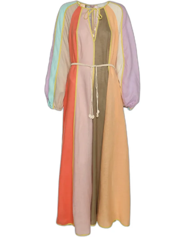 Multicolor Paneled Linen Belted Maxi Dress