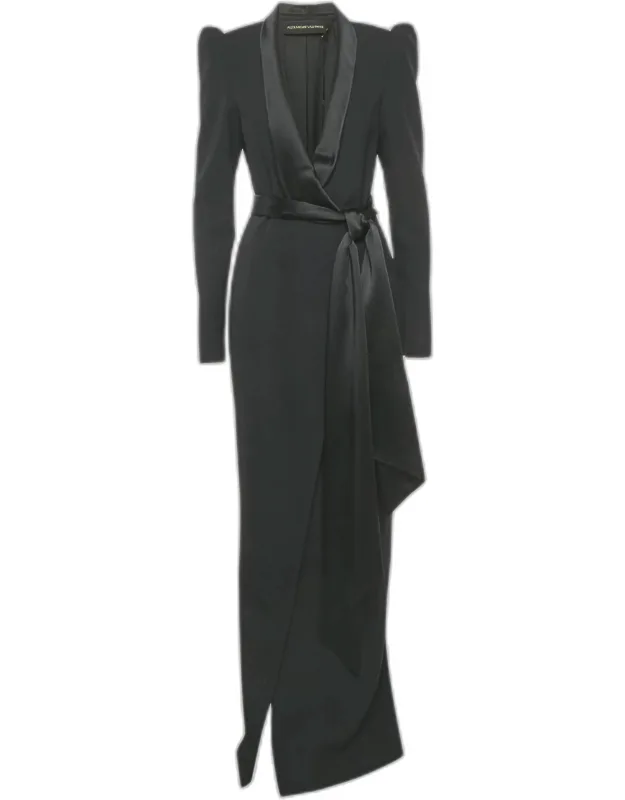 Satin Collar Crepe Tailored Long Dress