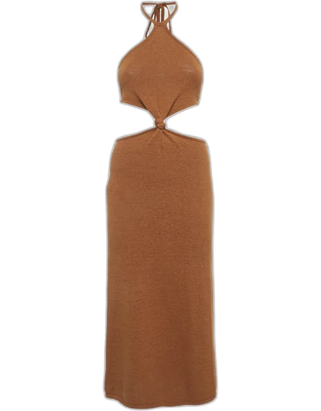 Knit Cut-out Waist Halter Neck Maxi Dress