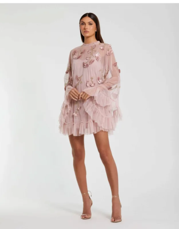 Embellished Long Sleeve Trapeze Dress With Ruffle Hem