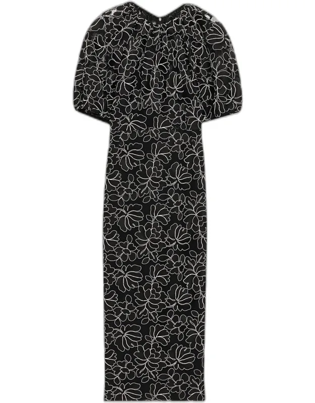 Floral Lace Puff-sleeve Midi Sheath Dress