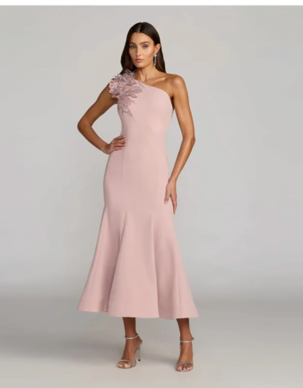 One Shoulder Trumpet Midi Dress With 3d Flower