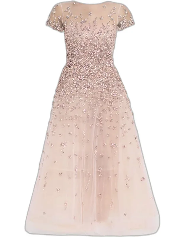 Degrade Crystal Cap-sleeve Midi Cocktail Dress