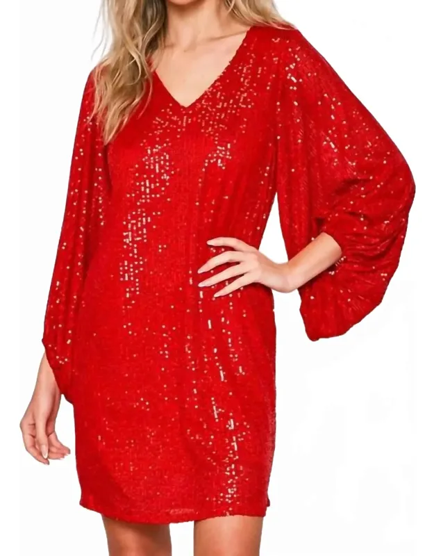 Holiday Sequin V-neck Balloon Sleeve Mini Dress